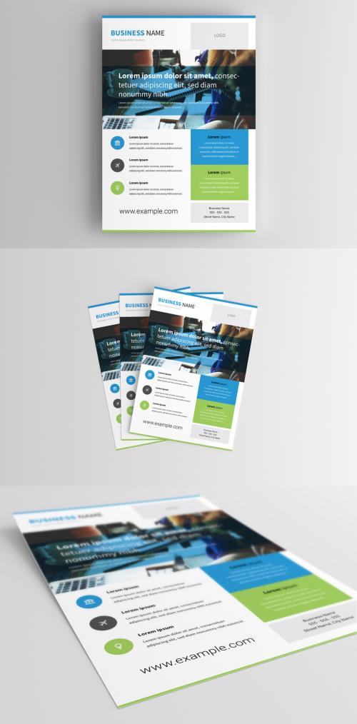 Business Flyer Layout with Blue and Green Elements - 208777945