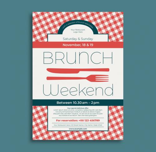 Brunch Flyer Layout with Red Gingham Element - 209786414