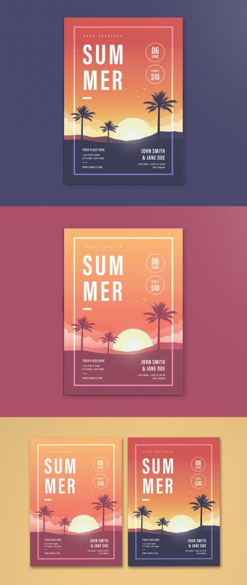 Summer-Themed Flyer with Sunset Illustration - 210728828