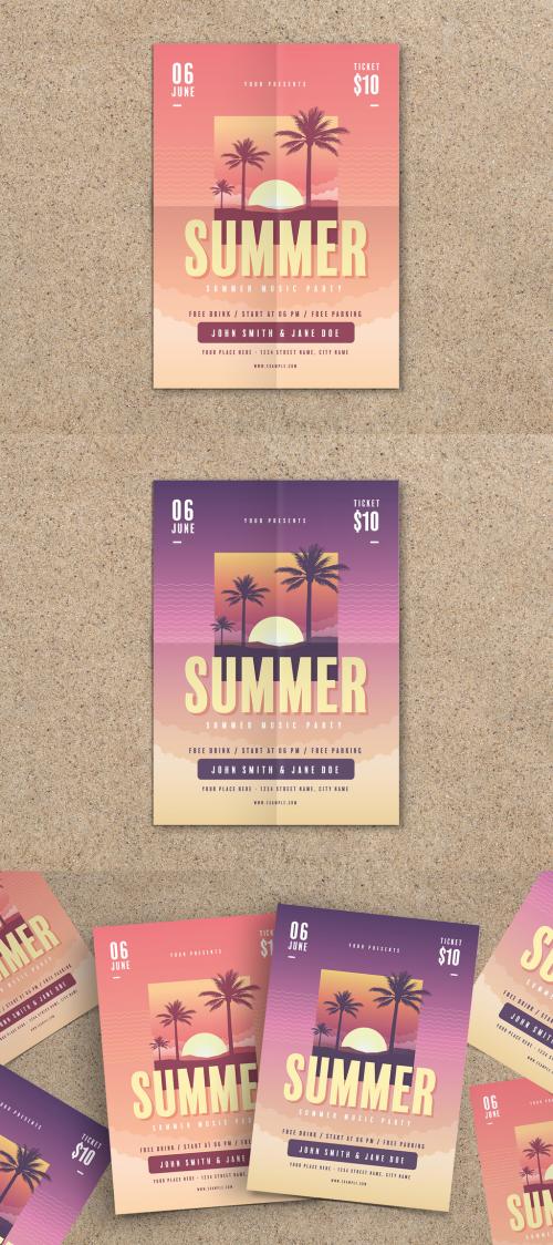 Summer-Themed Flyer with Sunset Illustration - 210728833