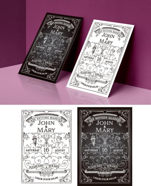 Vintage-Style Illustrated Wedding Invitation Layout - 211152995