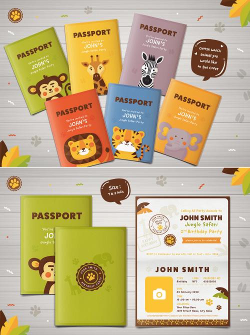 Passport and Safari Animals Birthday Invitation Layout - 212826804