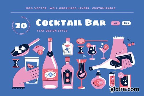 Blue Flat Design Cocktail Illustration Set PCUBRXK