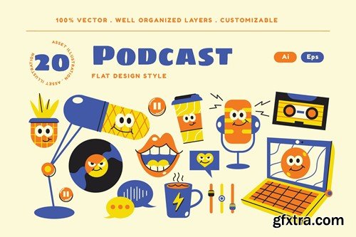 Cream Flat Design Podcast Illustration Set W42G3RD