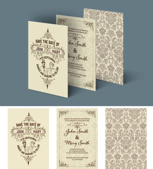 Wedding Invitation Set Layout with Ornamental Patterns - 215125778