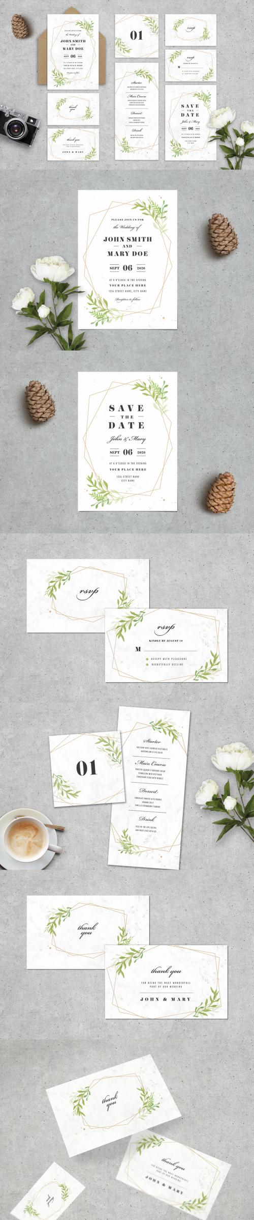 Wedding Stationery Layout with Leaves and Geometric Shapes - 216032409