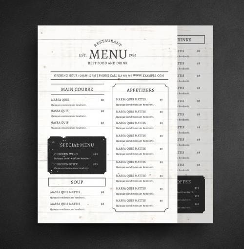 Restaurant Menu Layout with Wood Grain Background - 218998564