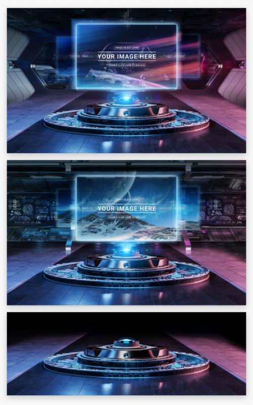 Holographic Billboard Projector in Futuristic Interior Mockup - 220298719