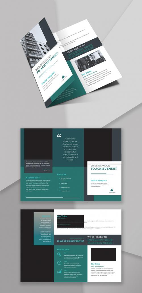 Trifold Brochure Layout with Dark Green Accents - 220996958