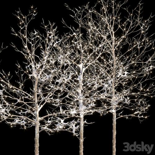 Trees in the snow with a luminous garland