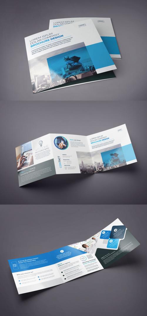 Blue and Black Square Tri-Fold Brochure Layout - 222187448