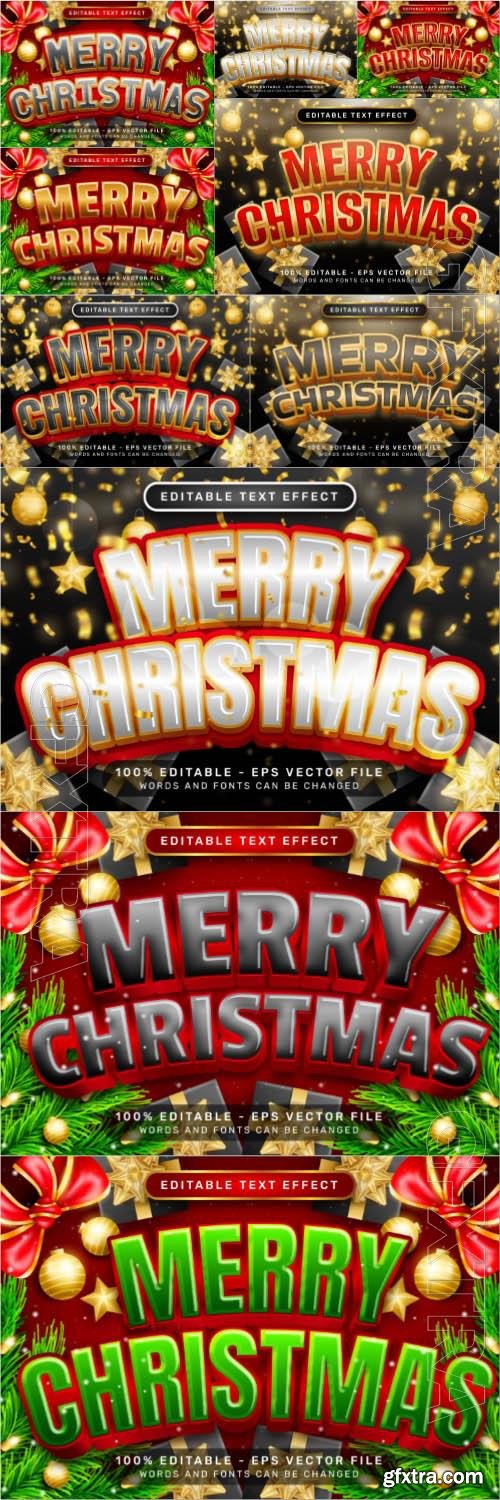 Vector merry christmas 3d text effect and editable text effect with christmas background