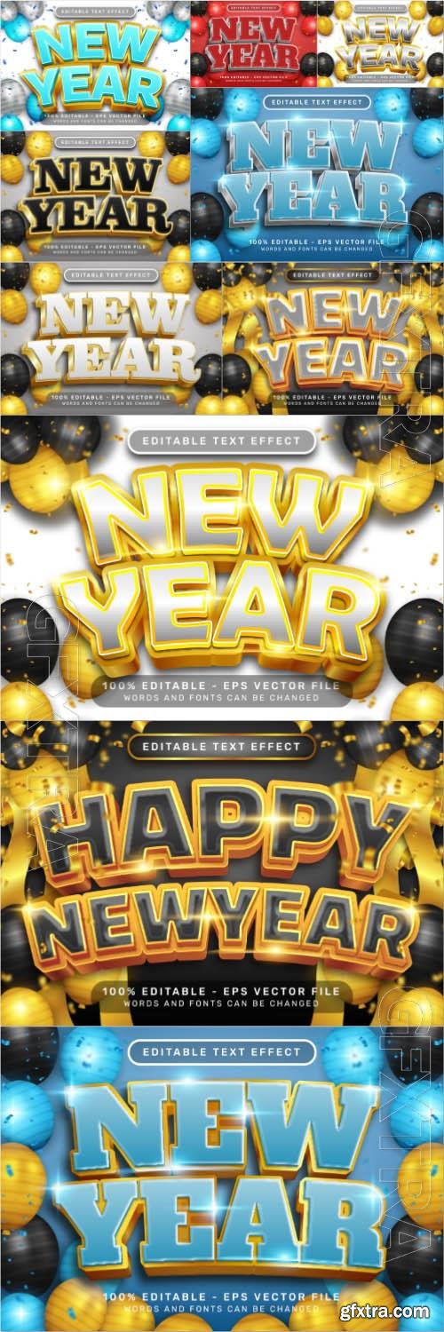 Vector happy new year 3d text effect and editable text effect