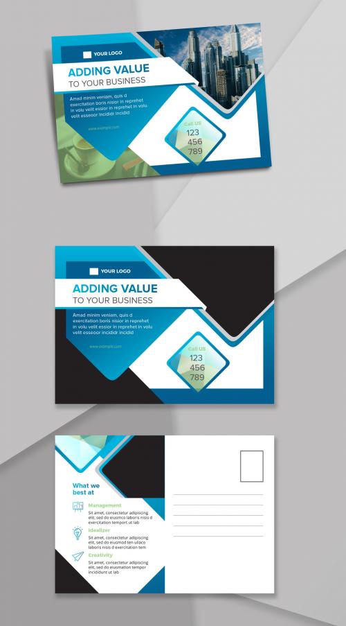Postcard Layout with Abstract Elements and Blue Accents - 223430216