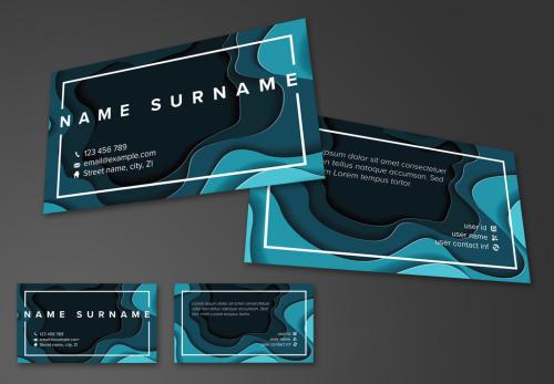 Business Card Layout with Blue Papercut Elements - 223782167