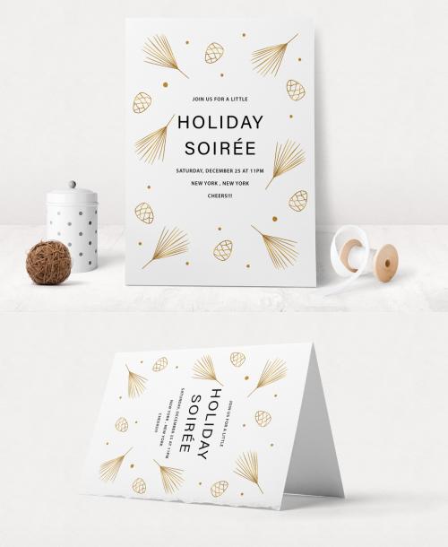 Holiday Event Invitation Layout with Pinecone Illustrations - 224606778