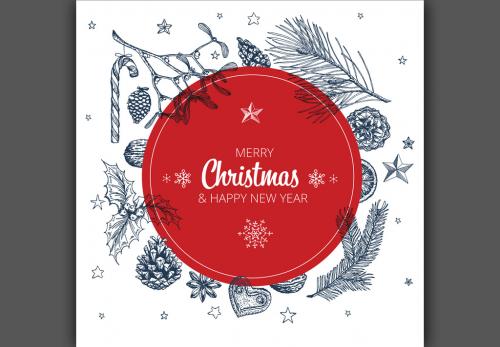 Christmas Card Layout with Hand-Drawn Illustrations  - 225557828