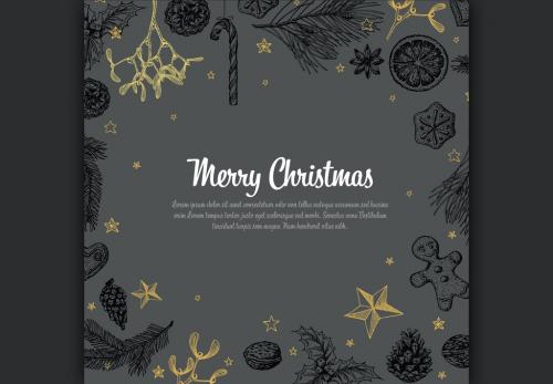 Christmas Card Layout with Hand-Drawn Illustrations  - 225557868