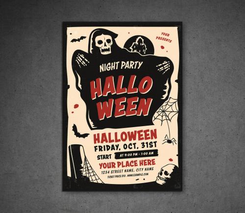 Halloween Party Flyer Layout with Grim Reaper Illustration - 225730919