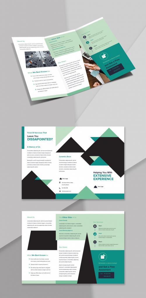 Trifold Brochure Layout with Green Triangle Designs - 228005194