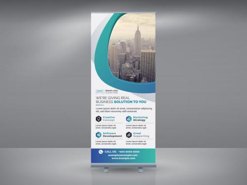 Advertising Roll-Up Banner Layout with Blue Gradient Accents - 228377596