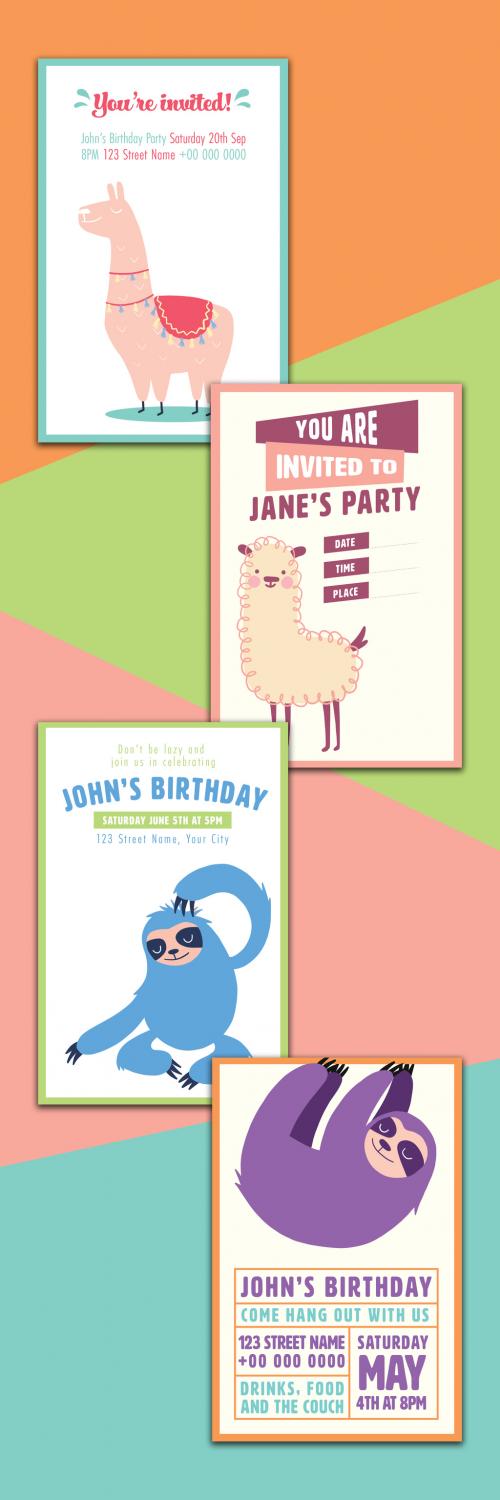 Birthday Party Flyer Layouts with Animal Illustrations - 228704212