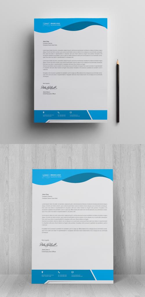 Letterhead Layout with Blue Header and Footer - 229990891