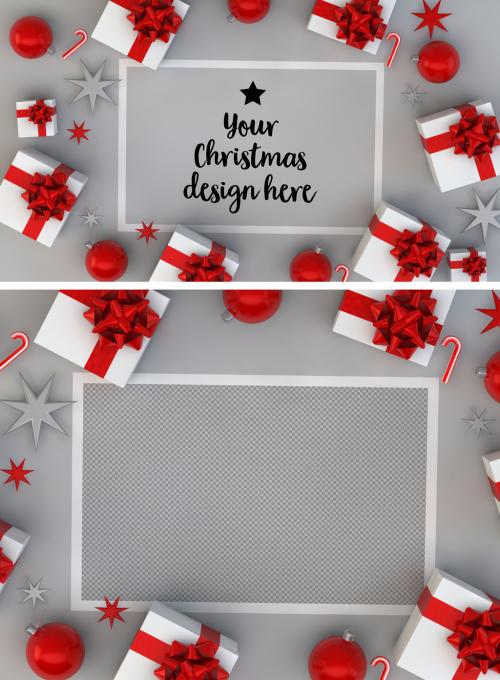 Christmas Card and Gifts on Gray Surface Mockup - 230501555