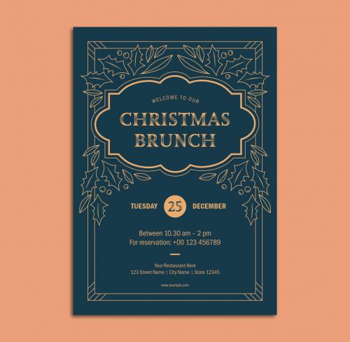 Christmas Brunch Flyer Layout with Holly Illustrations - 231049870