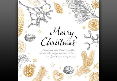 Holiday Card Layout with Hand-Drawn Illustrations - 231783200