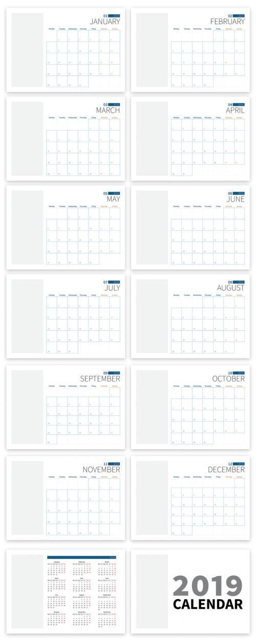 2019 Calendar Layout with Blue Accents - 233079505