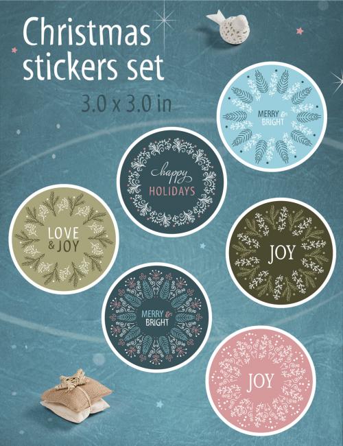 Round Christmas Sticker Layout Set with Intricate Wreath Illustrations - 233419277