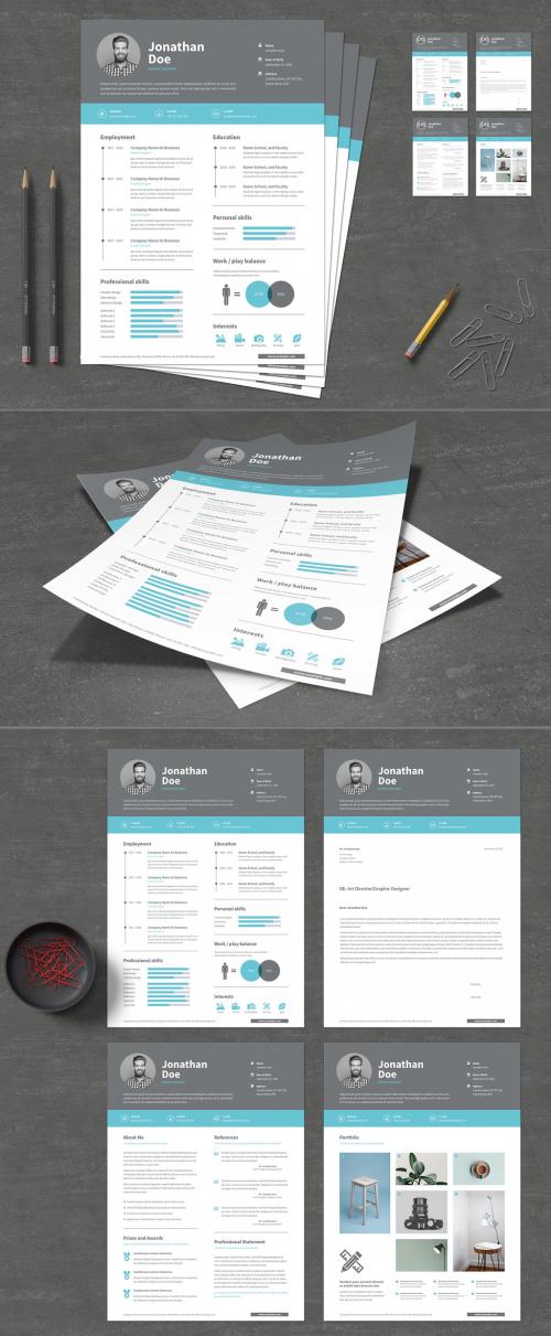 Resume and Cover Letter Layouts with Gray Header and Blue Accents - 233650280