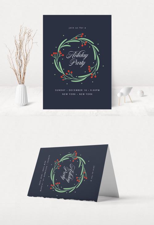 Holiday Party Invitation Layout with Wreath Illustration - 234733618