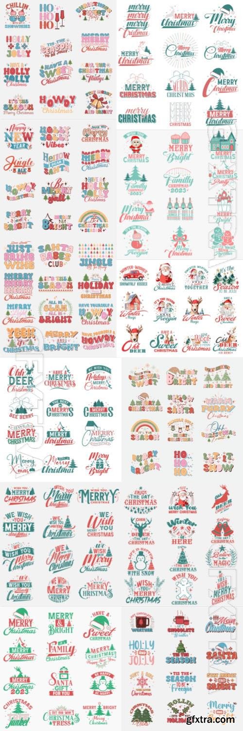 Colorful vector merry christmas wish set and lettering quotes bundle