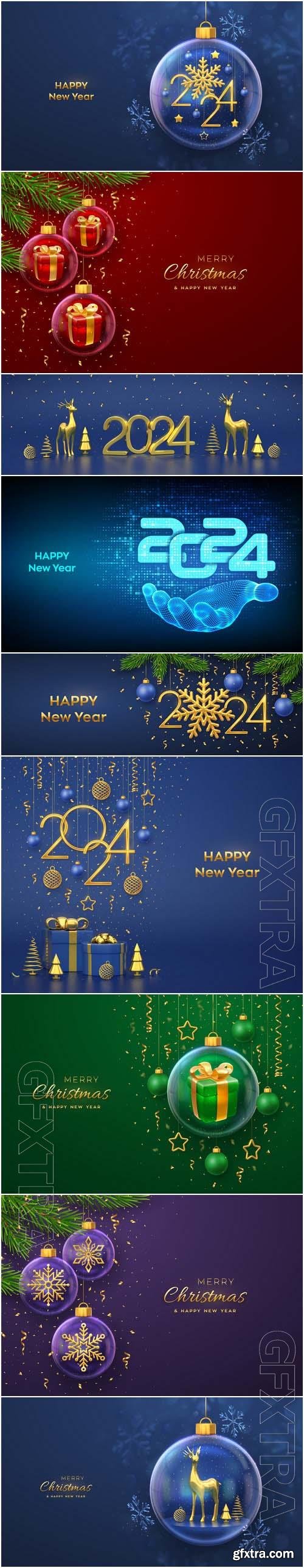 Happy new year 2024 hanging golden numbers, vector 3d stars balls confetti