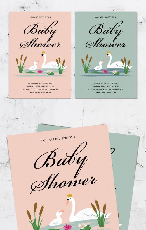 Baby Shower Invitation Layout with Swan Illustration - 238281393