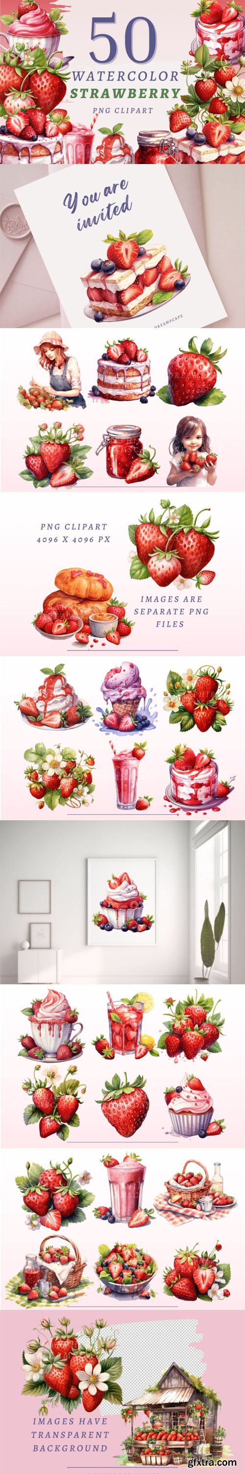 Watercolor Strawberry PNG Bundle