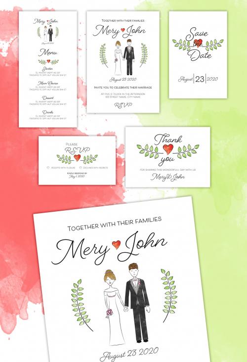 Wedding Invitation Layout Set with Couple Illustration - 241470145