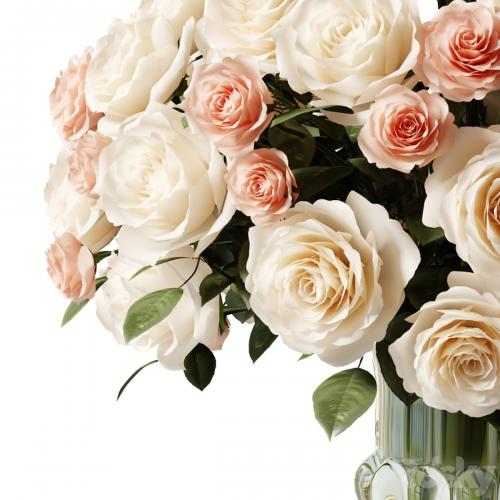 Bouquet of white and pink roses in a glass classic vase