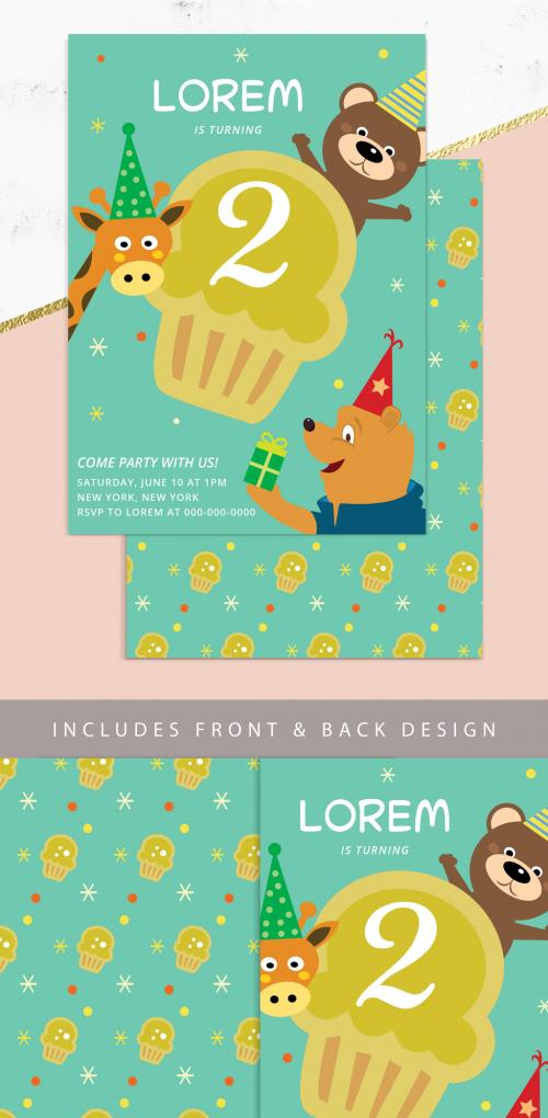 Birthday Party Card Layout with Animals - 242748308