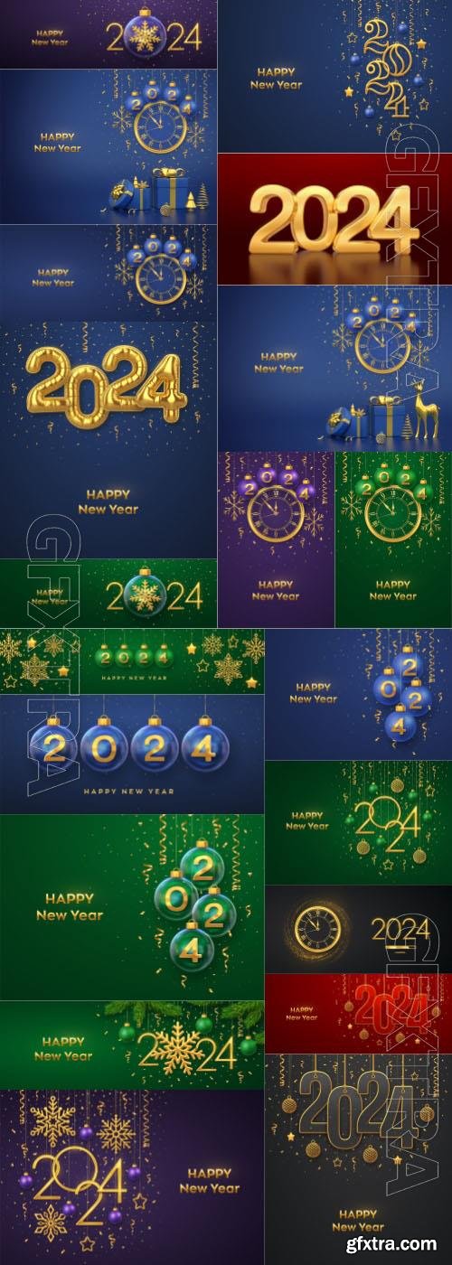 Happy new 2024 year with shining 3d metallic stars balls and confetti vector illustration