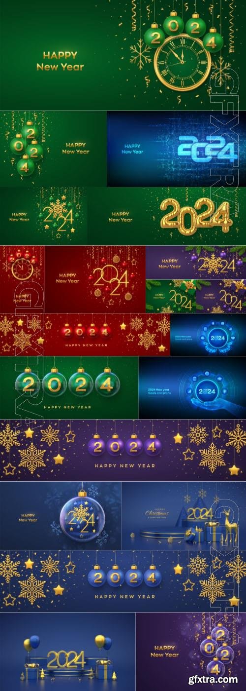 Happy new 2024 year golden metallic numbers 2024 with gift box shining snowflake pine branches stars balls and confetti  vector illustration