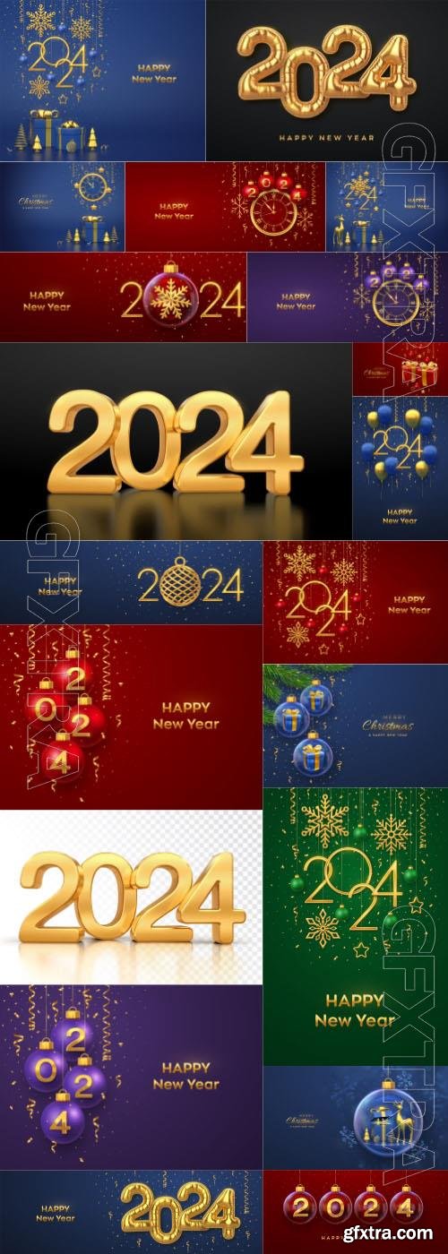 Merry christmas, Happy new year 2024 greeting card gift box with golden bow in a glass bauble  vector illustration