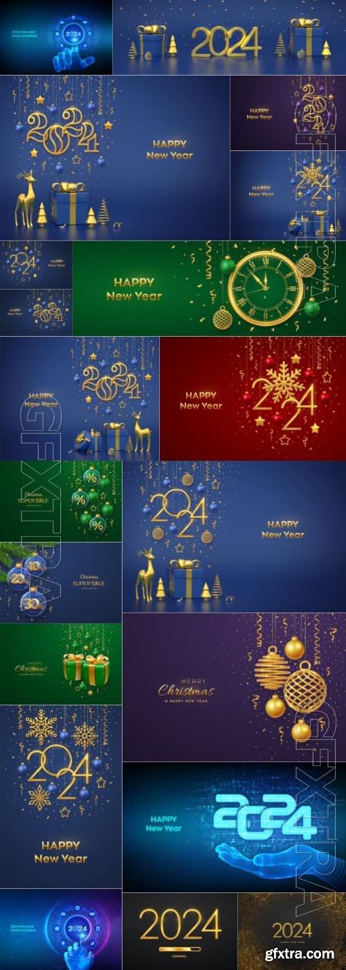 Happy new year background, Merry christmas greeting card gift box with golden bow in a glass with hanging bauble and glitter lights vector illustration