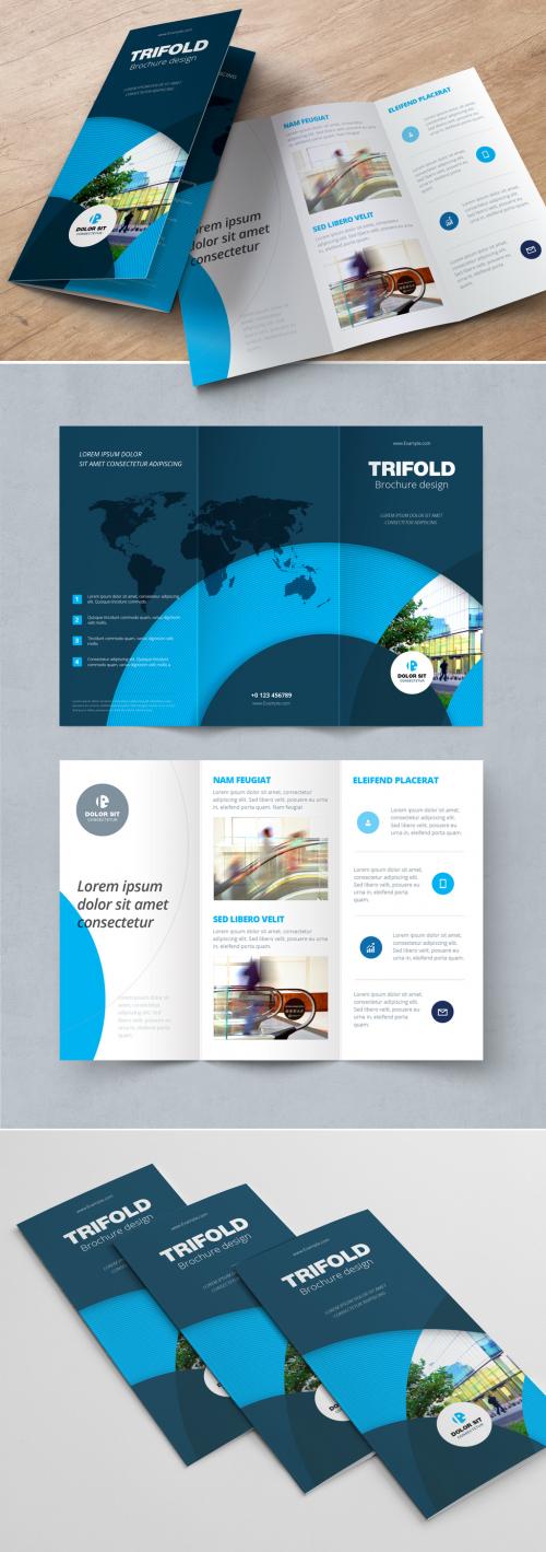 Dark Blue Trifold Brochure Layout with Circles - 243716319