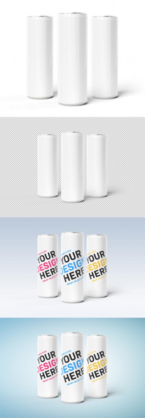 3 Slim Aluminum Cans Isolated on White Mockup - 243924401