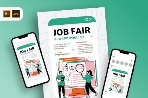 Y2K White Green Job Fair Flyer Template