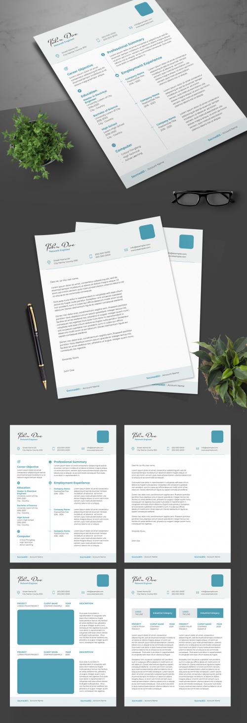 Resume Layout with Teal Accents and Header/Footer - 247454889