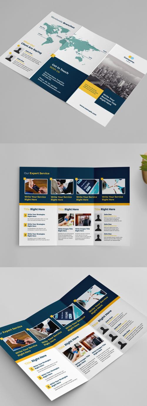 Trifold Business Brochure Layout with Yellow and Blue Accents - 247473491